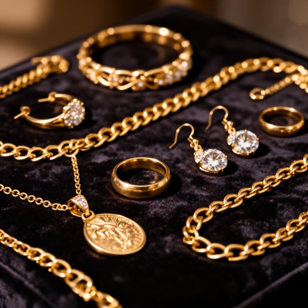 Gold jewelry, chains, and rings on display