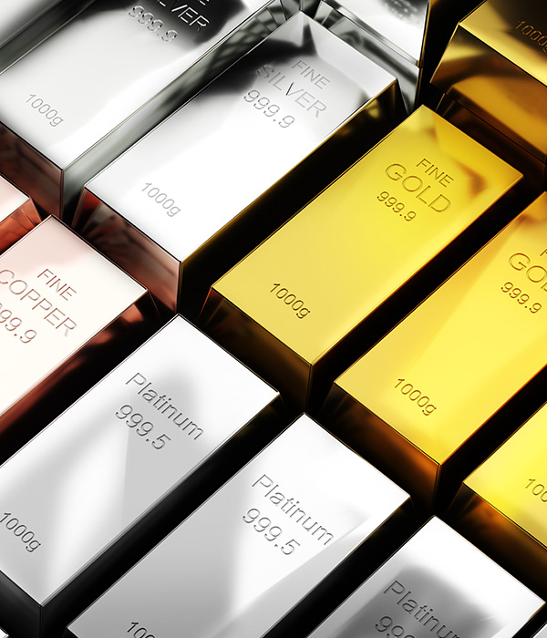 Gold bars, silver, copper and platinum