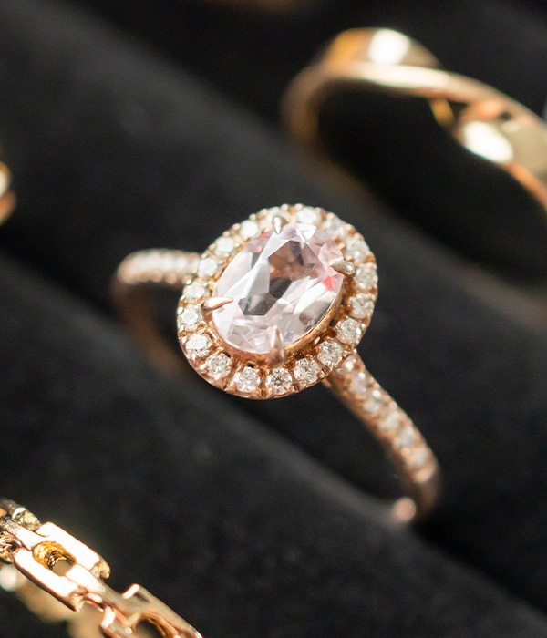 Gold jewelry diamond rings show in luxury retail store